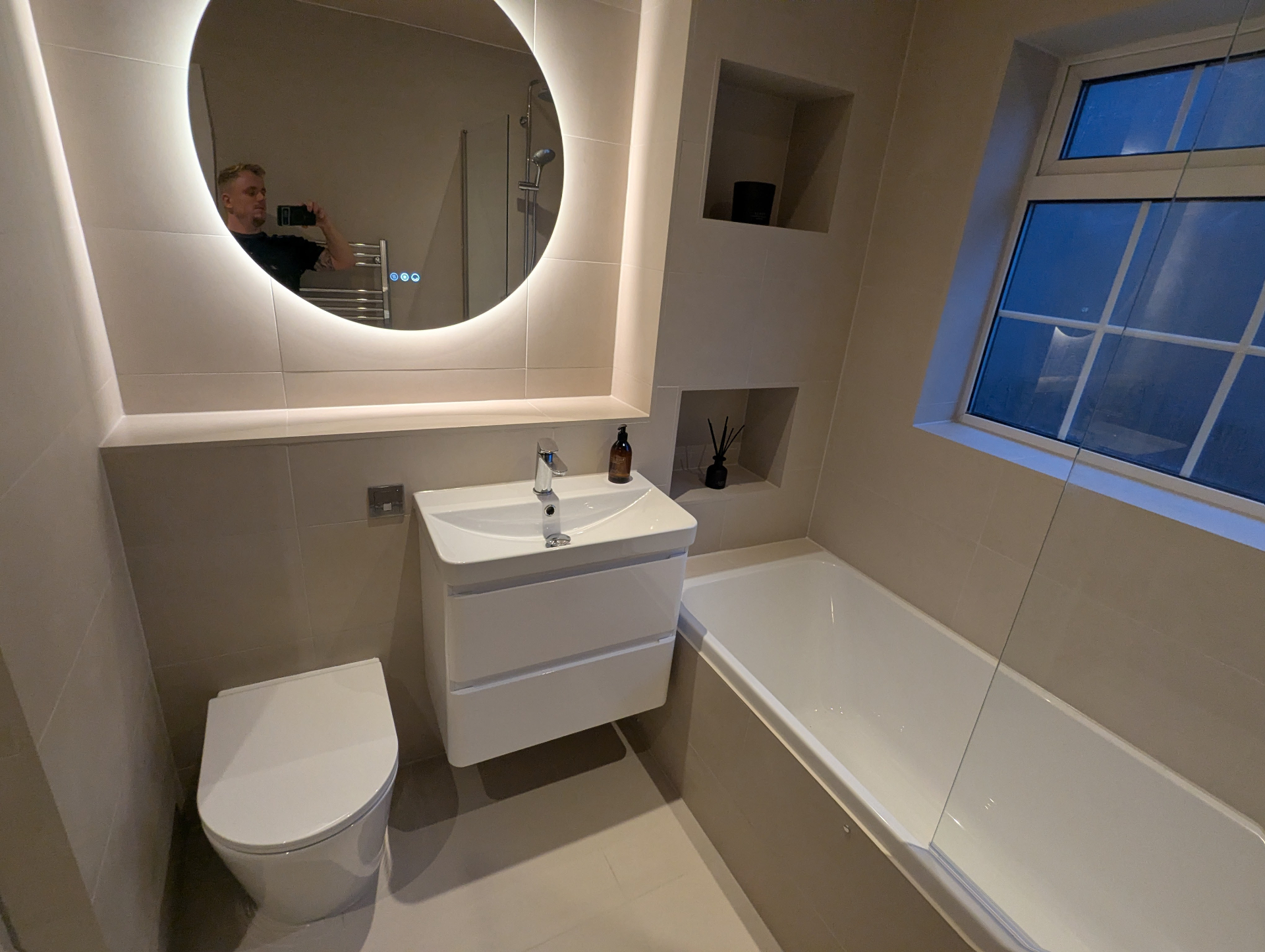 Beige bathroom with vanity unit